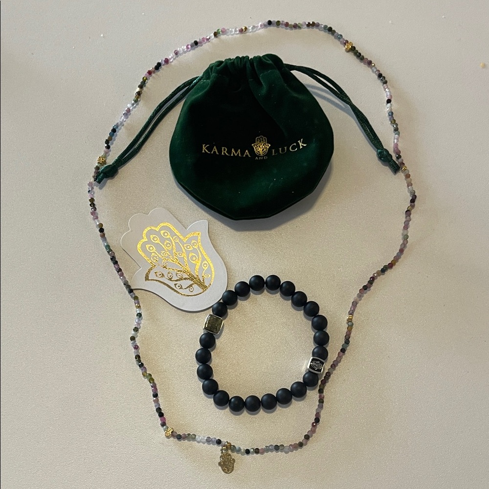 Karma and Luck Hamsa Charm Tourmaline Necklace Matte Onyx Protection Bracelet
